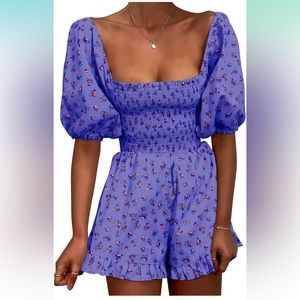Jeanewpole1 Womens Floral Square Neck Smocked Puff Sleeve Wide Leg Short Romper